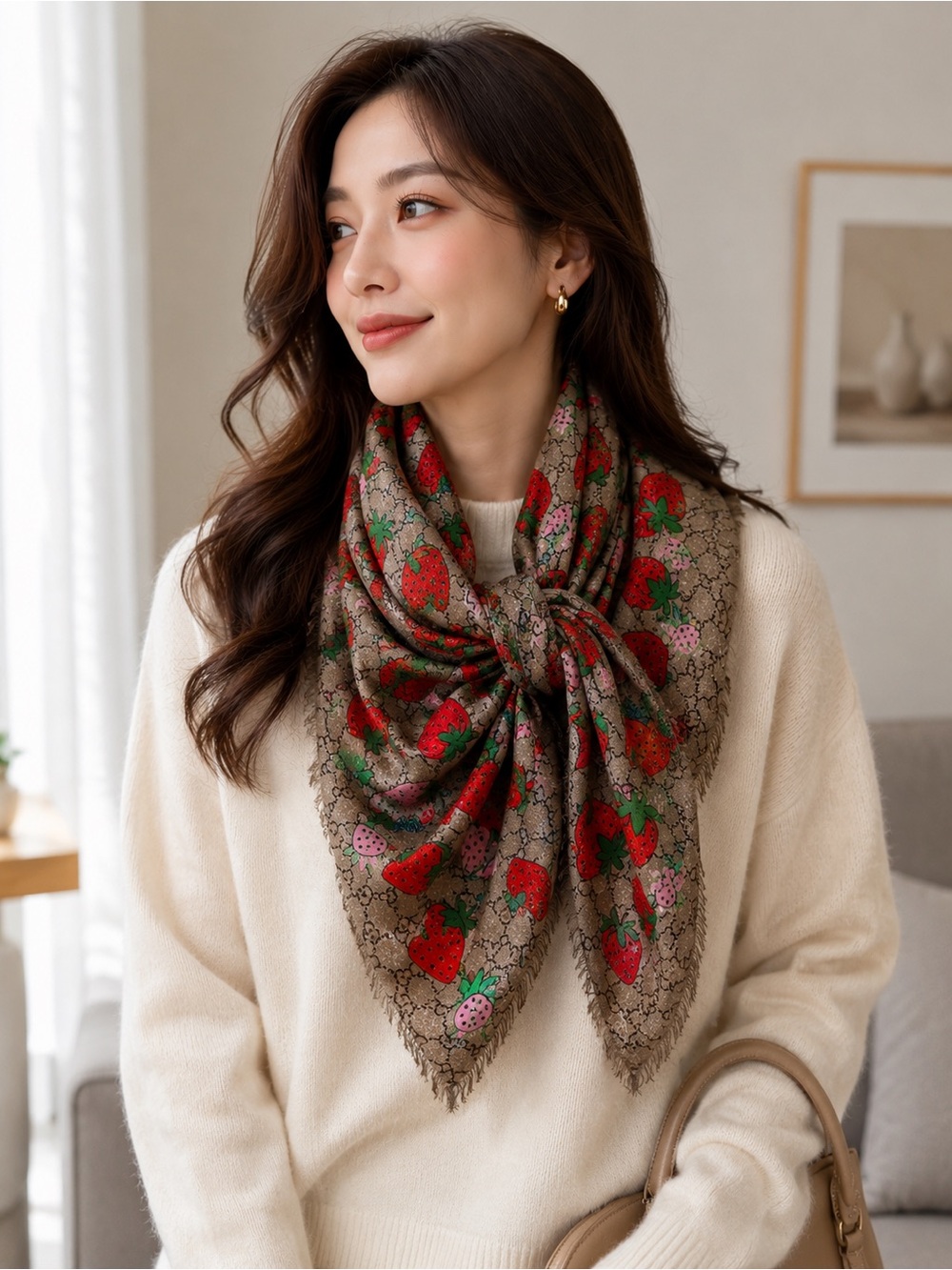 Authentic Gucci Brown Scarf with Red Strawberry Print